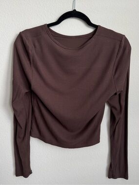 Long Sleeve Ribbed Crewneck Top in Chocolate Brown